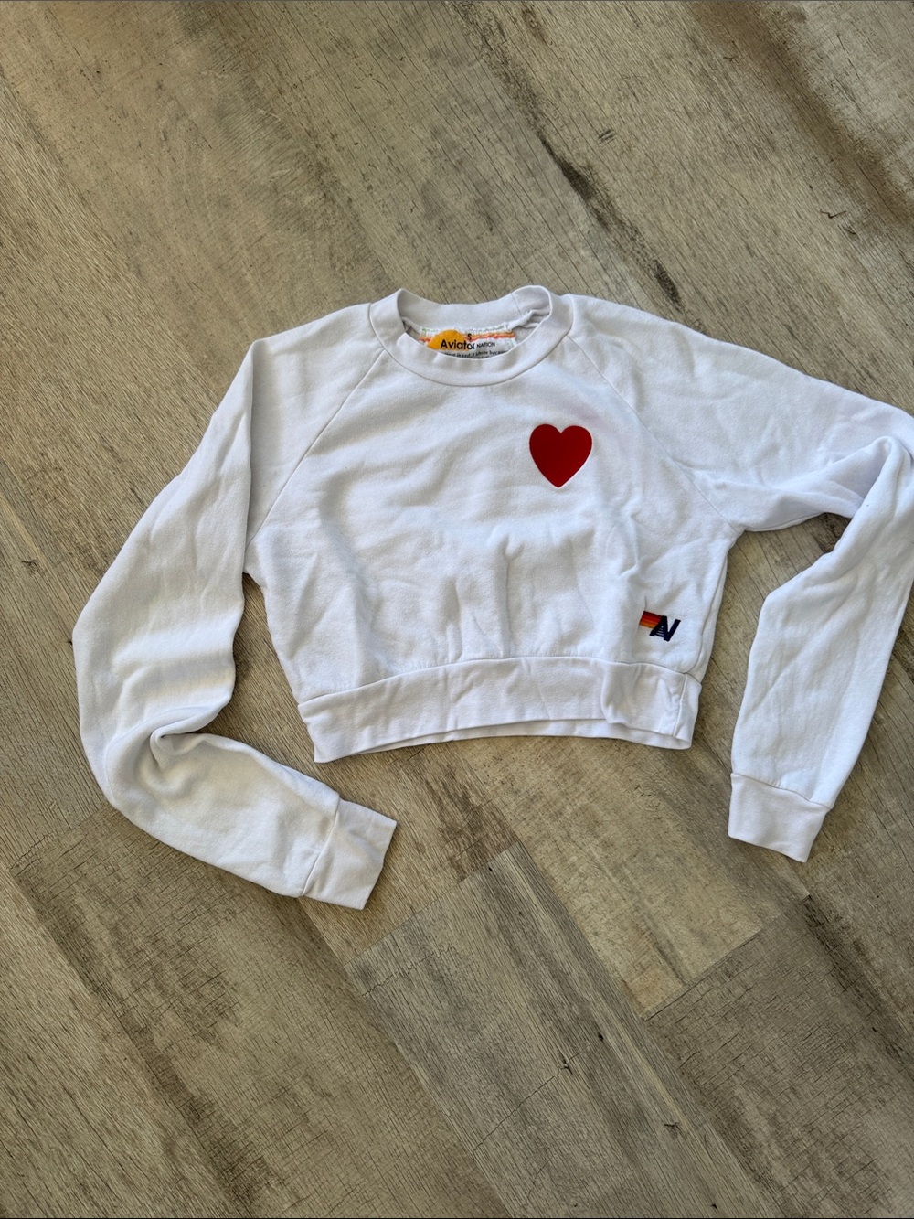 Aviator Nation White Cropped Crewneck with Red Heart